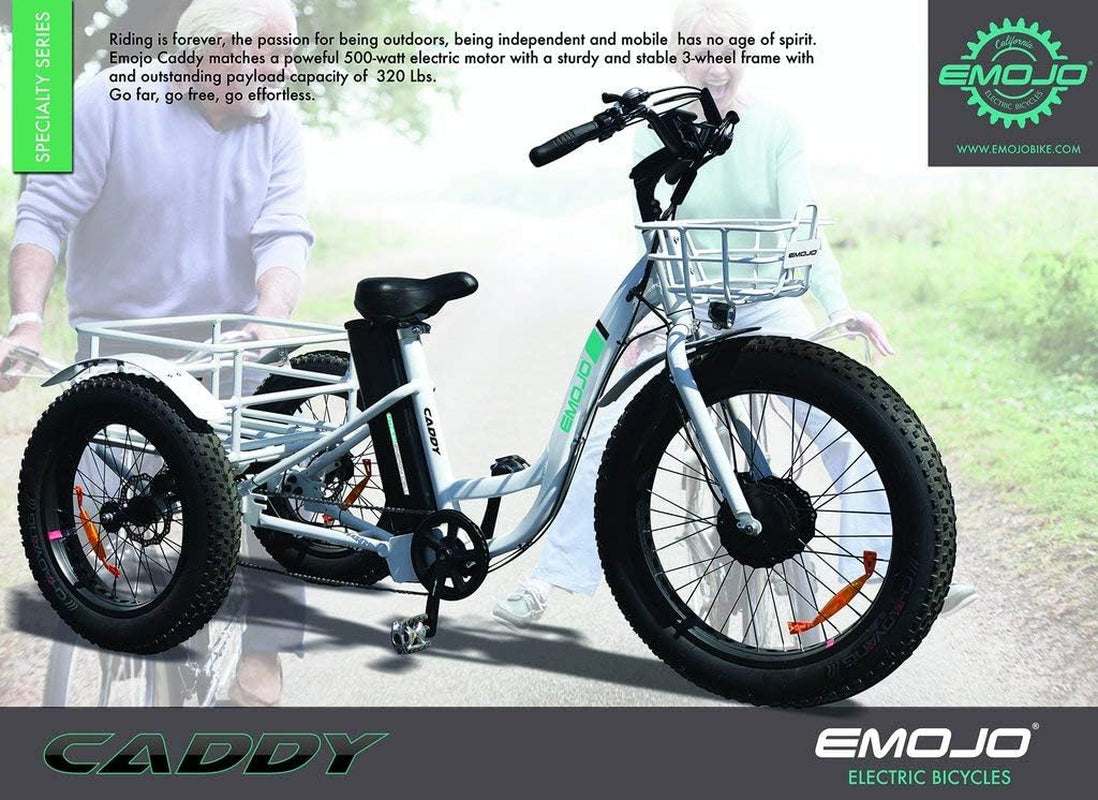 Caddy Pro/Caddy Élecṭrīc Ṭrīcycle 48V 500W Best Élecṭrīc Ṭrīke 24 Inch Fat Tire Eṭrīke 3 Wheel Ébīᴋe Rear Basket Cargo for Heavy Carrying