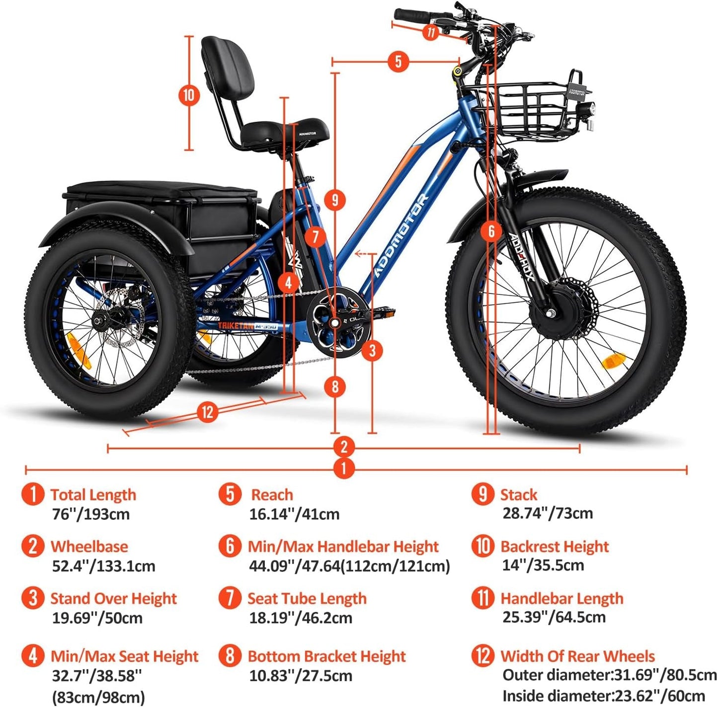 Motan Electric Trike, 85MI, 450Lbs, 3 Wheel Electric Bicycle with 750W Motor 48V 20Ah Lithium Battery, M-350A 24" Electric Tricycle for Adults