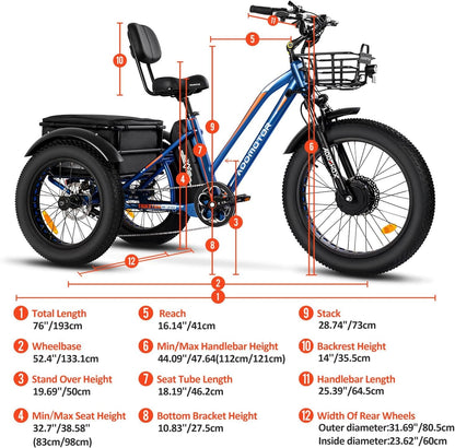 Motan Electric Trike, 85MI, 450Lbs, 3 Wheel Electric Bicycle with 750W Motor 48V 20Ah Lithium Battery, M-350A 24" Electric Tricycle for Adults