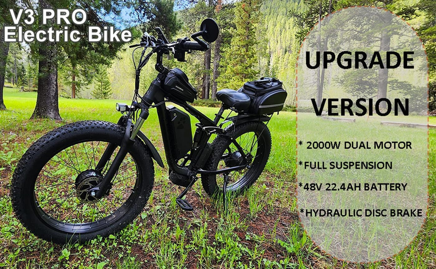 SMLRO V3 Adults Electric Bike, 2000W Dual Motor 48V 22Ah AWD Ebike, 82NM Torque 35MPH Electric Bicycles Shimano 7 Speed with 26" MTB for Trail Riding