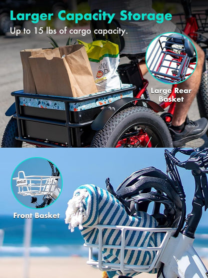 Electric Tricycle 20 X 4.0 Inch Fat Tire Caddy Pro Trike 500W 48V 7 Speed Hybrid Bicycle with Hydraulic Brake Oversize Rear Cargo and Front Basket for