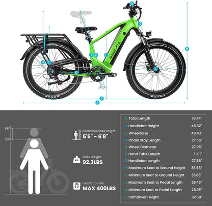 ESUV Deer Electric Bike, Full Suspension Ebike System 80 Miles Long Range 750W 96Nm Motor E Bike 52V 20Ah 26"X4" Fat Tire Electric Bike, UL Certified