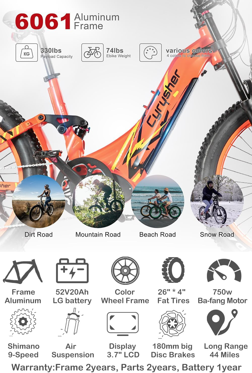 Trax 26Inch Aluminum Electric Bike, 750W Ba-Fang Motor, 28Mph Max Speed, 52V 20Ah Battery, Air Suspension, Dual Disc Brakes, 4-Inch Fat Tires,