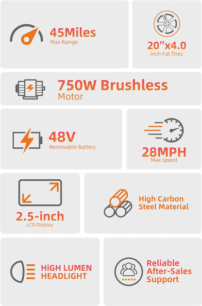 Electric Bike for Adults with 750W Brushless Motor 28MPH Commuting Electric Mountain Bike 48V Removable Battery 12V LED Headlight 4.0 Fat Tire