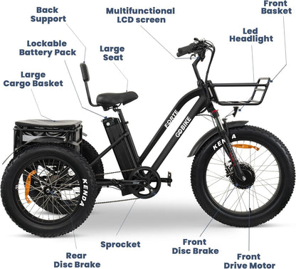 Electric Trike for Adults, 3 Wheel Motorized Bicycle with Big Wheels, Long Range Adult Tricycle up to 40 Miles, Foldable Three Wheel Bikes, 750W Motor