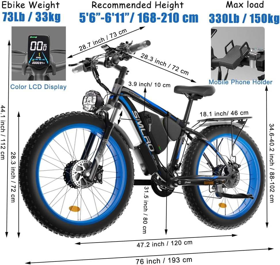 SMLRO XDC600 Dual Motors 22.4AH 2000W 26" Fat Tire Electric Bike 35MPH, Mountain E-Bike Electric Bicycle Ebikes for Adults
